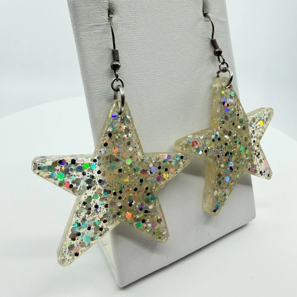 Vintage Y2K Chunky Resin Star Glitter Earrings Silver Tone Dangle Celestial Hook